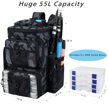 Fishing Backpack with 4 Tackle Boxes, 55L Large Tackle Box Backpack with 4 Rod Holders, Waterproof 900D Tackle Backpacks with Cooler & Clear Gear Windows, Fishing Gifts for Men Women,Camouflage Black - color: Camouflage Black(with 4Boxes)
