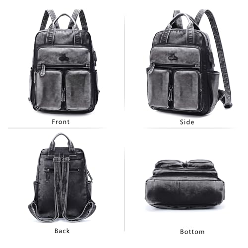 Angel Kiss Backpack Purse for Women Soft Washed Leather Multi Pocket Casual Travel Backpacks… - color: Retro-black