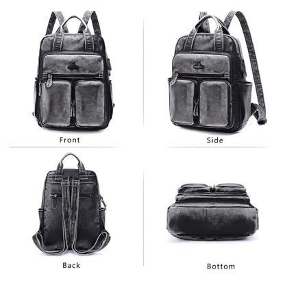 Angel Kiss Backpack Purse for Women Soft Washed Leather Multi Pocket Casual Travel Backpacks… - color: Retro-black