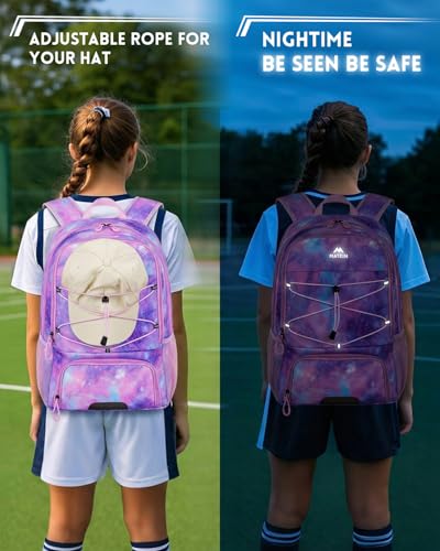 MATEIN Girls Soccer Backpack, Large Basketball Bag with Ball Holder & Shoe Compartment for Tournament & Game Day, Lightweight Youth Sports Bag with Fence Hook Fits 15.6 Inch Laptop, Soccer Team Gifts - color: Star Purple