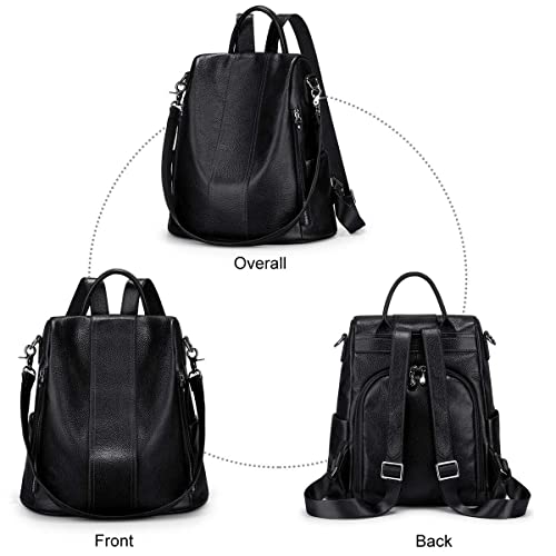 S-ZONE Leather Backpack Purses for Women Antitheft Rucksack Shoulder Bag Medium - color: Black