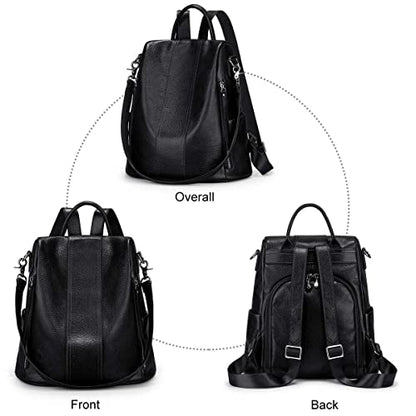 S-ZONE Leather Backpack Purses for Women Antitheft Rucksack Shoulder Bag Medium - color: Black