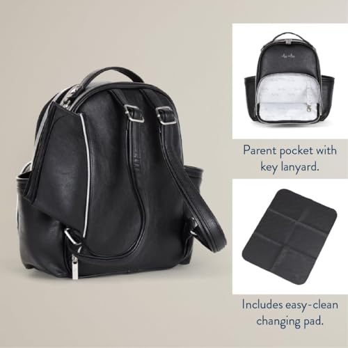Itzy Ritzy Mini Diaper Bag Backpack – Chic, Compact Mini Plus Backpack with Changing Pad, 10 Pockets (6 Internal, 4 External), Grab-Top Handle & Rubber Feet (Black w/Silver Hardware) - color: Black With Silver Hardware - Plus
