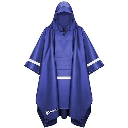 PTEROMY 3-in-1 Hooded Rain Poncho for Adult with Pocket, Waterproof Lightweight Unisex Raincoat for Hiking Camping Emergency - color: Blue W/ Reflective Stripe