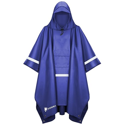 PTEROMY 3-in-1 Hooded Rain Poncho for Adult with Pocket, Waterproof Lightweight Unisex Raincoat for Hiking Camping Emergency - color: Blue W/ Reflective Stripe