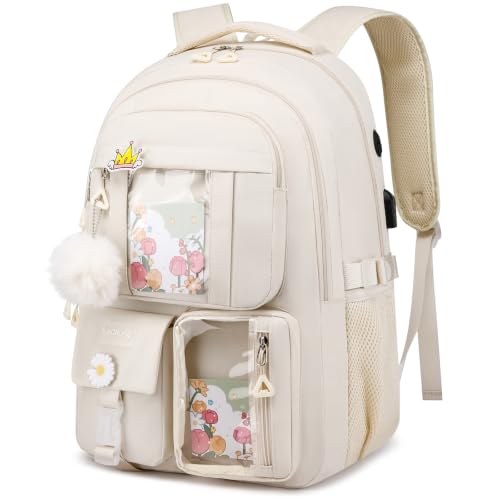 kadilong School Backpack for Teen Girls,Cute Backpacks for Women Aesthetic Bookbag Laptop Bag Back Pack for Middle School - color: Beige, size: 15,6 inch