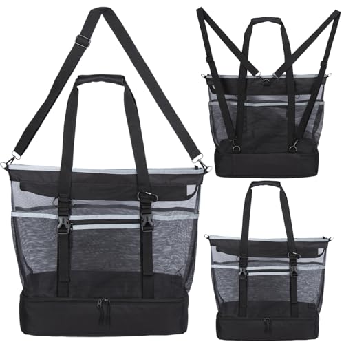 Mesh Beach Bag with Cooler Large Travel Family Vacation Essentials Pool Swimming Zipper Pocket Durable 9 Pockets - color: Black