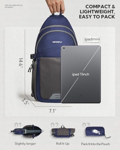 WATERFLY Packable Crossbody Sling Bag: Small Lightweight Travel RFID Blocking Sling Daypack with Water Bottle Holder - Shoulder Chest Bag Backpack for Women Men Hiking Traveling Theme Parks - color: Blue