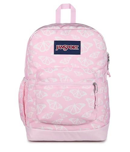 JanSport Cross Town Plus Backpack - Large Main Compartment, Side Water Bottle Pocket, 15-Inch Padded Laptop Sleeve - Flutter By - color: Flutter By Pink Ice/White/Pink Ice