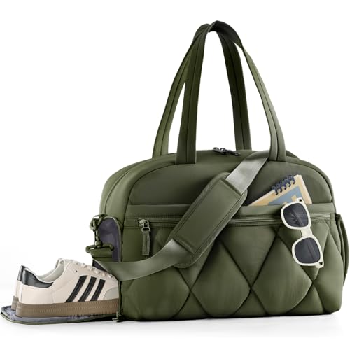 Gym Bag for Women, Puffer Travel Duffle Bag With Shoes Compartment & Wet Pocket, Carry On Tote Bag For Weekender, Overnight, Sport duffel bags for traveling (Green, Medium) - color: Green, size: Medium