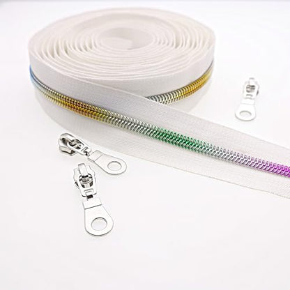 #5 Colorful Metallic Nylon Coil Zippers by The Yard, Bulk White Zipper Tape 10 Yards with 25Pcs Pulls for DIY, Sewing, Craft, Bags YIGUANXIN - color: White-Rainbow teeth