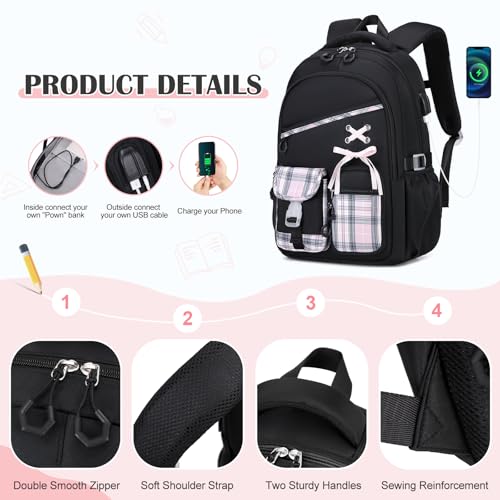 DIGOBAY Backpacks for Girls - 3PCS Girls Backpack with Lunch Box & Pencil Pouch Plaid School Backpacks for Elementary Middle High College School Bookbag for Teen Girl Kids Students Blackpink - color: Blackpink
