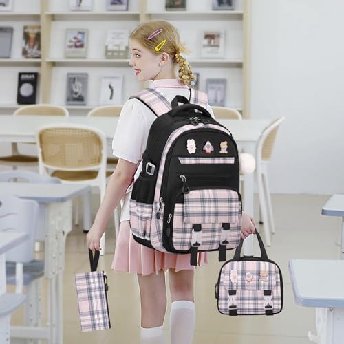 3PCS School Backpack for Girls, Girls Backpack with Lunch Box, Pencil Case, Cute Kawaii Plaid Book Bag for Teen Girl Kindergarten Elementary Preschool Middle High School, Black Pink - color: Black