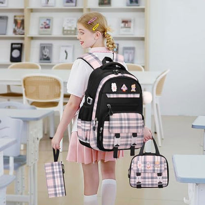 3PCS School Backpack for Girls, Girls Backpack with Lunch Box, Pencil Case, Cute Kawaii Plaid Book Bag for Teen Girl Kindergarten Elementary Preschool Middle High School, Black Pink - color: Black