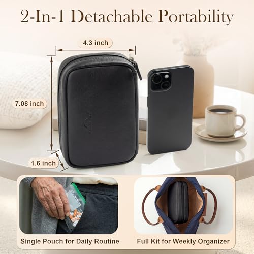 Weekly Pill Organizer,Vegan Leather Travel Medicine Bag - Pill Container with 7 Color-Coded Resuable Waterproof Pills Pouches, Dual-Sided Labeling Design & Reminder Spinner for Vitamins, Supplements - color: Black