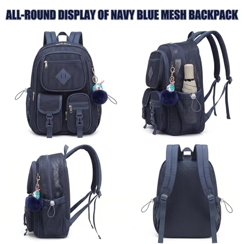 Mesh Backpack for Girls Boys, Heavy Duty Semi-Transparent Mesh Bookbag Womens Mens Mesh Backpacks for School, Sports, Beach, Swimming, Travel - Navy Blue - color: Navy Blue