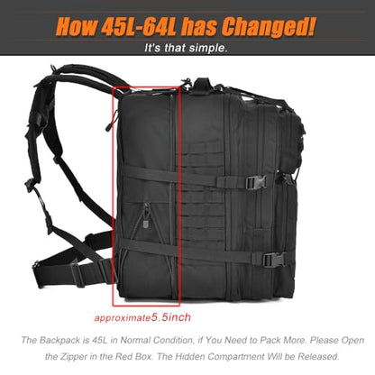 64L Large Tactical Backpack, Military Backpack, Molle Backpack, Tactical Bag, Hiking Daypacks (3, black)