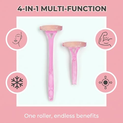 Foldable Manual Leg Massage Rollers, Long Handle Face Leg Muscle Relaxation Massager, Dual Hot & Cold Use Body Roller for Back Neck Facial Muscle Relief, Pink