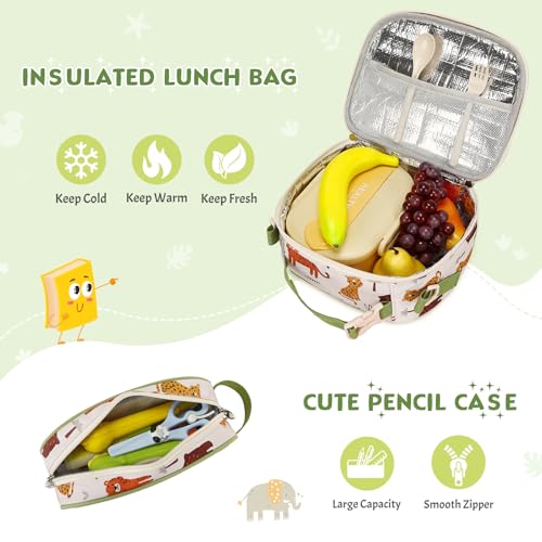 3PCS Boys Backpack Ages 5-8 with Lunch Bag & Pencil Case, Toddler School Backpack for Kids Boys - 15inch Backpack Boy Bookbag for Preschool Kindergarten Elementary School - color: Zoo