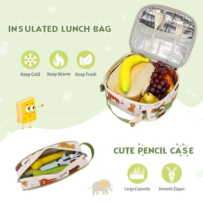 3PCS Boys Backpack Ages 5-8 with Lunch Bag & Pencil Case, Toddler School Backpack for Kids Boys - 15inch Backpack Boy Bookbag for Preschool Kindergarten Elementary School - color: Zoo