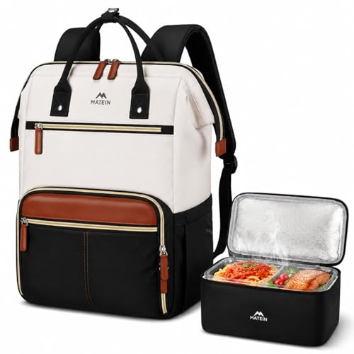 MATEIN Laptop Backpack with Lunch Box, 15.6 Inch Lunch Backpack for Women, College Computer Back Pack Work Backpacks with Insulated Lunchbox Meal Prep Bag for Teacher Nurse Commute Office, 2Pcs Set - color: Black White Brown, size: 15.6 Inch