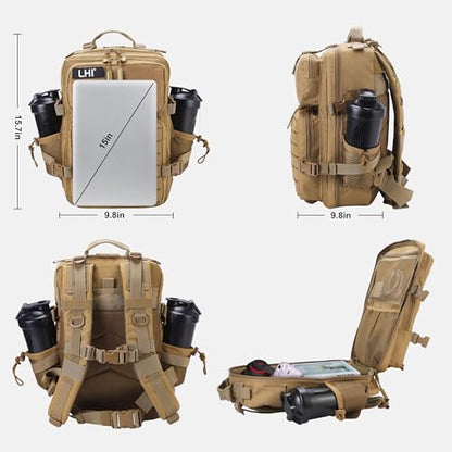 LHI Tactical Military Backpack for Men 25L/45L Large Molle Army Assault Pack 3 Day Hiking Rucksack With Bottle Holder - color: Khaki With Bottle Holder, size: 25L