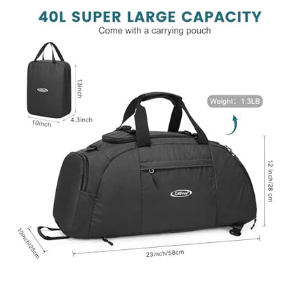 40L/70L 3-Way Duffle Bag Gym Sport Duffel Backpack Shoe Compartment | Foldable Packable,Water-resistant Nylon, Large Capacity, for Travel, Weekender, Black - color: Black