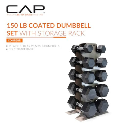 CAP Dumbbell Set with Rack, Rubber Coated Hex Free Weight Set | 100–300 lb Options, Vertical Space-Saving Storage for Home Gym Strength Training - size: 150 lb Set - Tan Rack, style: Chrome Handle
