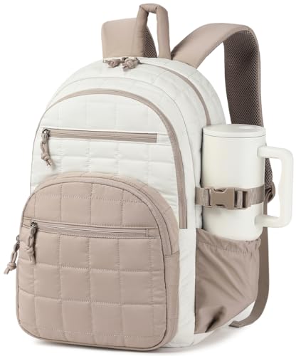 Laptop Backpack for Women, College Bookbag with Tumbler Holder Pocket for Nurse Teacher Work Travel, Quilted Puffer High School Backpack for Girls Big Student, White Camle - color: White Camle, size: 15.6in