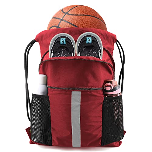 BeeGreen Drawstring Backpack Bag with Shoe Compartment, X-Large Black Gym Sports String Cinch Backpack - color: Red