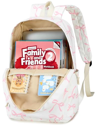 Bluboon School Backpack for Teen Girls Women Laptop Backpack College Bookbags Middle School Travel Work Commuter Back Pack - color: Pink Bow With Beige Base