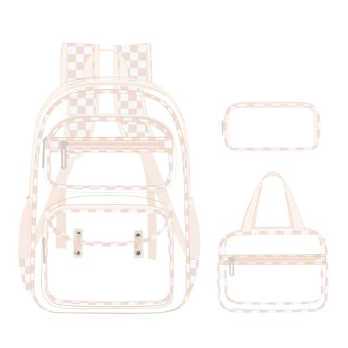 ACESAK Clear Backpack for Girls - 3 Pcs Clear Backpack Heavy Duty with Lunch Bag - See Through Bookbag Stadium Approved for Kids Middle High College School(Beige Checkerboard) - color: Beige Checkerboard