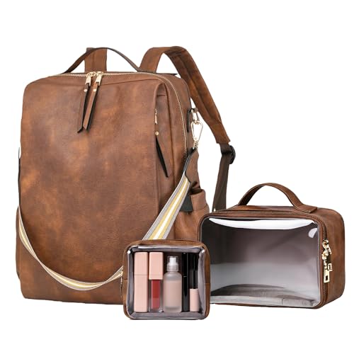 Dora & Liz Laptop Backpack for Women, Leather Travel Backpack with 15.6 Inch Laptop Compartment, College Work Computer Bag (Caramel-3P) - color: Caramel-3p