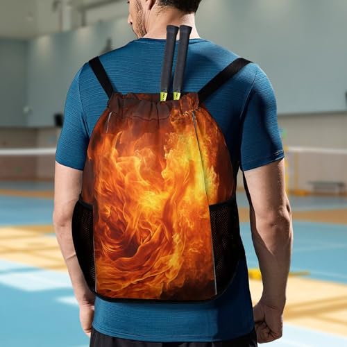 Drawstring Gym Backpack with Shoe Compartment And Wet Pocket, 28L Lightweight Waterproof Roaring Flame Sports Backpack for Workout Swim Beach Travel String Bag for Men Women
