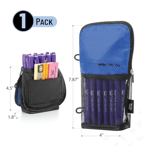 Mr. Pen- Standing Pencil Case Pouch, Sit & Lay Mesh-View Design, Black & Blue, Interior Pocket & 2 Elastic Binder Loops, Cute Pencil Case for Girls and Boys - color: Black & Blue