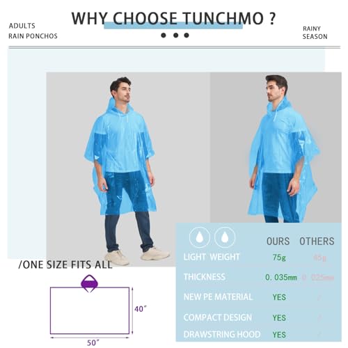 TUNCHMO Disposable Rain Ponchos 6 Pack for Adults/Kids/Family Set-50% Thicker Emergency Ponchos - color: Adults Blue 6 Pack