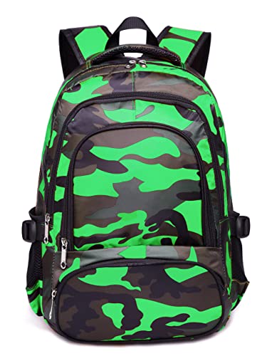 BLUEFAIRY Kids Backpacks for Boys Girls 17 Inch Elementary Primary Middle School Bookbags with Laptop Compartment Back to School Bags for Childs Age 6-8 Mochilas Escolares para Niños Niñas Camo Green - color: Black/Green
