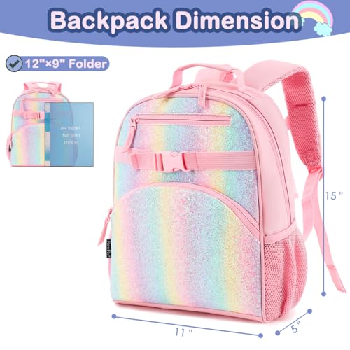 FlowFly Kids Backpack for Toddler Boys Girls, Simple Lightweight Bookbag for Daycare Kindergarten Elementary School Travel, Small Modern Bag (Medium 15'', Glitter-Rainbow) - color: Glitter-rainbow, style: Kids Medium: 12l