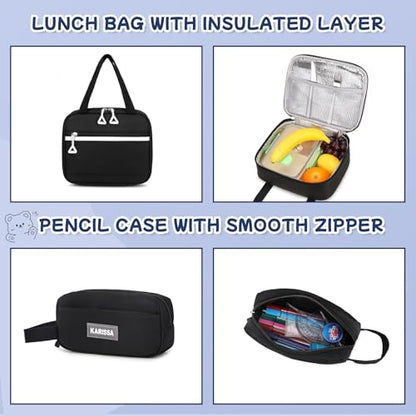 Girls Backpack, 3pcs Sets Kids Backpack for Girls with Anti-theft Back Pocket, Lightweight School Backpacks Water Resistant Lunch Bag with Pencil case for Elementary Primary School, Black - color: Black 3pcs