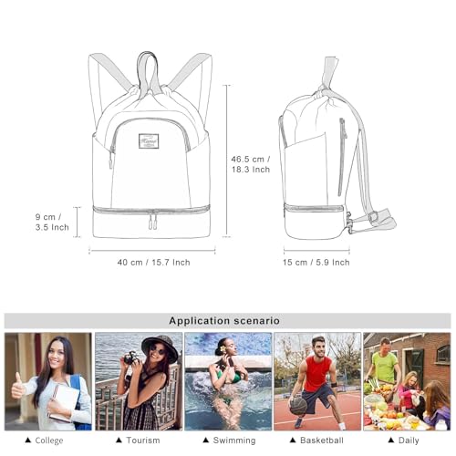 Kamo Drawstring Backpack Bag - Sport Swimming Yoga Backpack with Shoe Compartment, Two Water Bottle Holder for Men Women Large String Backpack Athletic Sackpack for Travel - color: Reseda