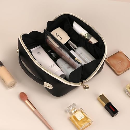 Prite Makeup Bag for Women Travel Waterproof Vegan Leather Cosmetic Bag Open Flat Toiletry Bag With Clear Divider and Handle (Black, Large) - color: Black, size: Large