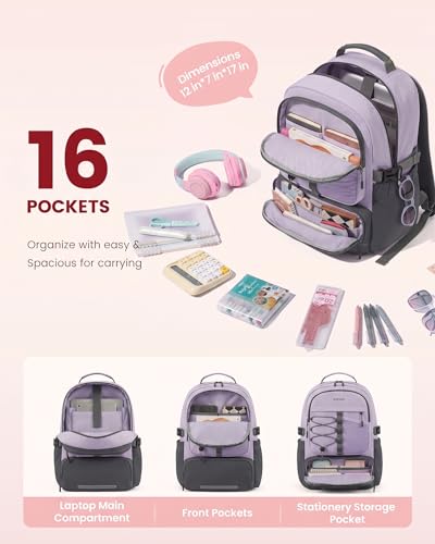 LOVEVOOK School Backpack for Teen Girls, Unique Style College Student Backpacks with Large Cup Holder, Cute Kid Bookbag with Pens Compartment, Large Capacity Back to School Backpack Fit 15.6'' Laptop - color: Purple Grey, size: Medium