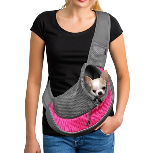 YUDODO Pet Sling Carrier for 2-5 lbs Small Dogs & Cats – Hands-Free Puppy Carrier with Safety Hook, Large Zipper Pocket, Soft Breathable Mesh, Adjustable Strap & Reflective Strip (Pink 1.0 S) - color: Pink 1.0 Basic (Zipper Pocket), size: Small (2-4.5lbs)