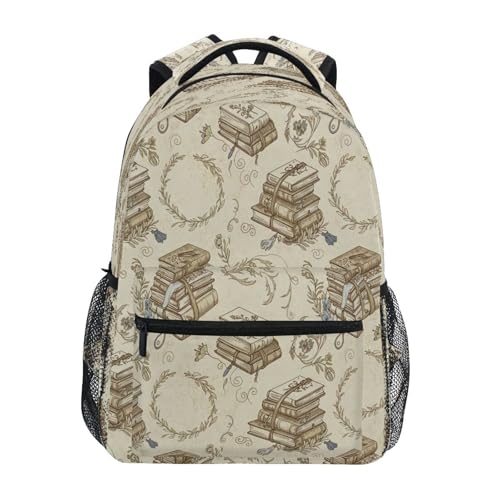 Kigai Vintage Books School Backpack for Boys & Girls, 16" Large Capacity Bookbag for High School & College, Laptop Backpack with Side Pockets for Travel