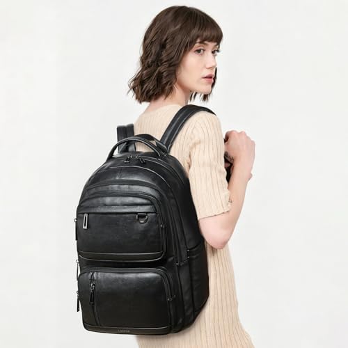 LATMAP Vegan Leather Backpack 17Inch Laptop Backpack for Women Travel Black | TSA-friendly, with luggage strap & pickpocket-proof, large capacity, laptop compartment, water-resistant, easy to wipe clean - color: Black
