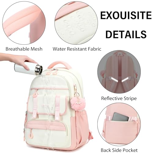 School Backpack for Girls, Laptop Backpack 15.6 Inch Kids Elementary Middle High School Bag Anti Theft Cute College Bookbags for Teens Girls Women Students Casual Travel Daypack,Pink Beige - color: Pink Beige