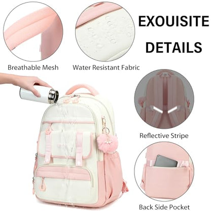 School Backpack for Girls, Laptop Backpack 15.6 Inch Kids Elementary Middle High School Bag Anti Theft Cute College Bookbags for Teens Girls Women Students Casual Travel Daypack,Pink Beige - color: Pink Beige