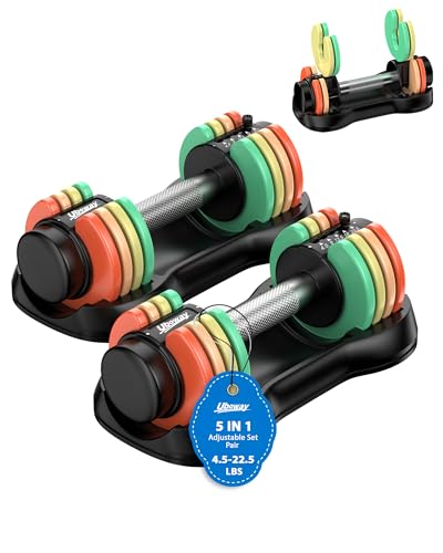Uboway Adjustable Dumbbell Set, Pair 12.5LB/22.5LB, 5-IN-1 Free Weight Set with Rainbow-Colored Weight Plates & Anti-Slip Handle for Home Gym Strength Training, Compact Size for Women Men Full Body Home Workout - size: 22.5LBS Pair (Total 45LBS)