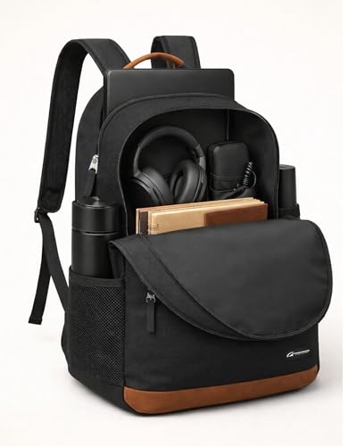 TRAILKICKER Classic Laptop Backpack with Padded 17 inch Laptop Sleeve, Multi Pocket Backpack, Casual Daypack Backpacks (Black & Brown) - color: Black & Brown