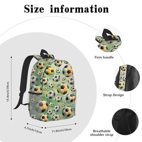 Soccer Backpack for Kids & Youth, 16 Inch Tennis-Themed School Bookbag, Lightweight Polyester Daypack with Front Zip Pocket, Side Bottle Pocket, Padded Adjustable Straps, Unisex - color: Soccer
